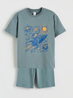 Bask?l? Erkek ?ocuk ?ortlu Pijama Tak?m?