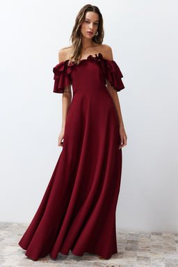 Bordo A-Kesim Volanl? Dokuma Uzun S?k Abiye Elbise TPRSS24AE00054