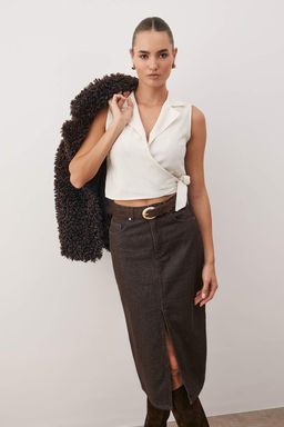 Bej Baglamal? Crop Dokuma Keten Gorunumlu Bluz TWOSS23BZ00550