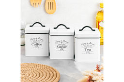 Набор 3 банок для сыпучих продуктов 1,5 л 12*12*16 см Tea, coffee, sugar + крышки с ручками, квад
