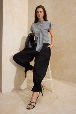 Antrasit Fitted/Vucuda Oturan Fular Yaka Uzun Kollu Tok %100 Pamuk Orme Bluz TWOSS26BZ00234