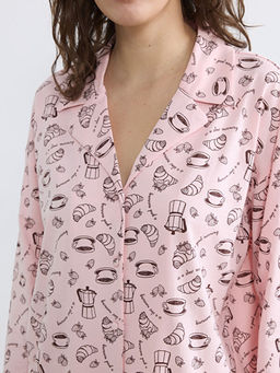 G?mlek Yaka Desenli Kad?n Pijama Tak?m