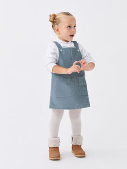 Kare Yaka Ask?l? Basic K?z Bebek Salopet ve K?lotlu ?orap 2li Tak?m