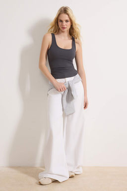 Antrasit Fitted/Vucuda Oturan Havuz Yaka Fitilli Esnek Orme Atlet TWOSS22AL0042