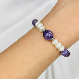 Браслет из Чароита с Жемчугом 18,5 см + - Радуга самоцветов фото 3