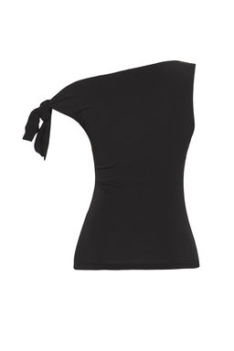 Siyah Asimetrik Yaka Baglama Detayl? Esnek Orme Bluz TWOSS25BZ00400