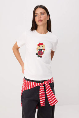 Ekru Bask?l? Regular/Normal Kal?p K?sa Kollu Orme T-Shirt TWOSS26TS00291