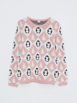 Bisiklet Yaka Desenli Uzun Kollu K?z ?ocuk Triko Kazak