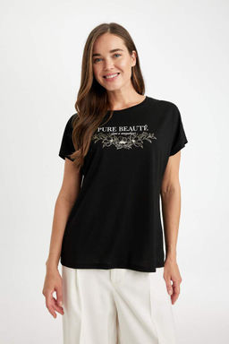 Женская черная футболка обычного кроя с круглым вырезом и блестящим принтом с короткими рукавами