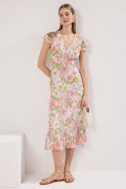 TRENDYOLMILLA Cok Renkli Cicek Desenli A Kesim F?rf?rl? Midi Dokuma Elbise TWOSS25EL00444