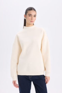 Oversize Genis Kal?p Yar?m Bal?kc? Yaka Basic Duz Kal?n Sweatshirt