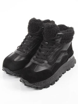 04-WG042-1M BLACK Кроссовки зимние женские (натуральная кожа, натуральная замша, 100% шерсть)