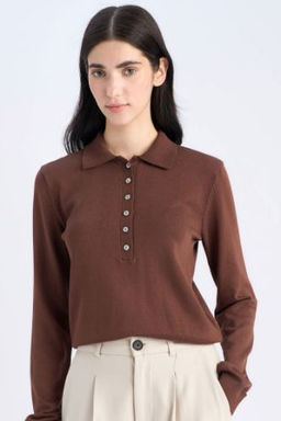Regular Fit Polo Yaka Basic Duz Triko Kazak