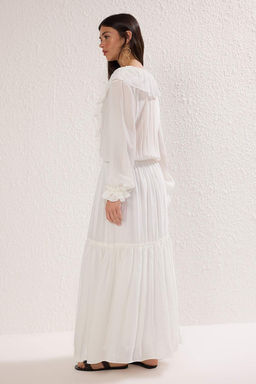 Ekru Beli Lastikli F?rf?rl? Boho Maxi Dokuma Elbise TWOSS25EL00864