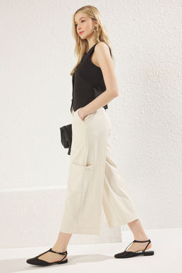 TRENDYOLMILLA Ekru Yanlar? Cep Detayl? Yuksek Bel Wide Leg/Genis Paca Dokuma Pantolon TWOSS25PL00069  фото 3
