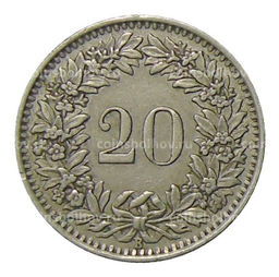 Монета 20 раппенов 1944 года Швейцария