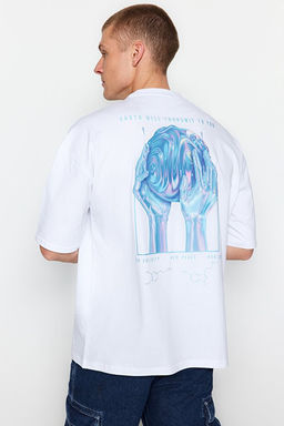 Beyaz Oversize/Geni_ Kesim K_sa Kol Mistik Bask_l_ %100 Pamuklu T-Shirt TMNSS23TS00236