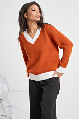 Пуловер вязаный с v-вырезом красная глина