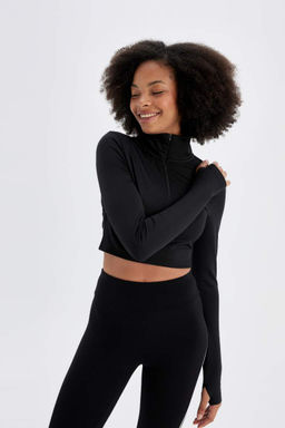 DeFactoFit Футболка узкого кроя с высоким воротником и длинными рукавами на молнии  фото 4