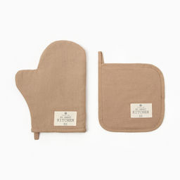 Кухонный набор «Этель» ECO: варежка 20×28 см, прихватка 19×19 см, 70% хлопок, 30% лён, бежевый