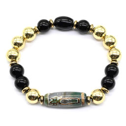 Браслет с бусиной Дзи Кубера, гематитом и агатом шарик 10мм Радуга камня