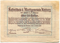 20 геллеров 1920 года Австрия Реберг-бай-Кремс-ан-дер-Донау (нотгельд)
