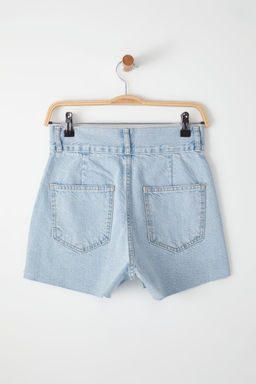 TRENDYOLMILLA Ac?k Mavi Cep Detayl? Cift Dugmeli Pacas? Kesikli Yuksek Bel Mini Denim Sort TWOSS25SR00058 фото 6