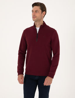 Bordo 3 _plik Regular Fit Fermuarl_ Dik Yaka Basic Sweatshirt