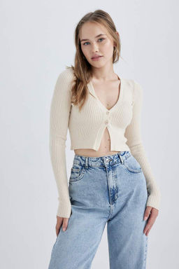 Крутой трикотажный кардиган стандартного кроя с V-образным вырезом - Defacto фото 5