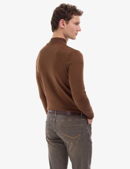 Koyu Kahverengi Slim Fit Yar_m Bal_k__ Yaka Basic Triko Kazak