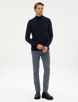 Lacivert Melanj Slim Fit Yar_m Bal_k__ Yaka Basic Triko Kazak