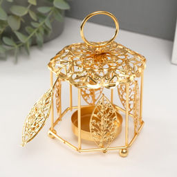 Металлический подсвечник-фонарь на 1 свечу Цветок и листья, золото, d=5.5 см, 9.8?10.5?14 см