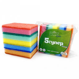 Губка для посуды "Эконом Stream Супер" 10х7х2см, пенополиуретан, абразивное полотно, плотность 450г/м2, набор 5шт (Россия)