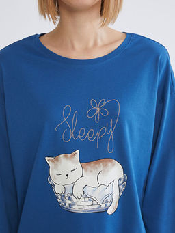 Bisiklet Yaka Kedi Bask?l? Kad?n Pijama Tak?m?