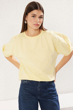 TRENDYOLMILLA Ac?k Sar? %100 Pamuk Balon Kol Oversize/Genis Kesim Orme T-Shirt TWOSS25TS00041  фото 11