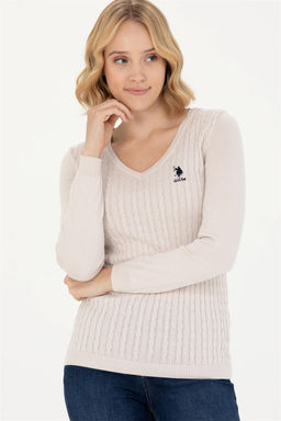 Женский кремовый базовый свитер с v-образным вырезом Неожиданная скидка в корзине
