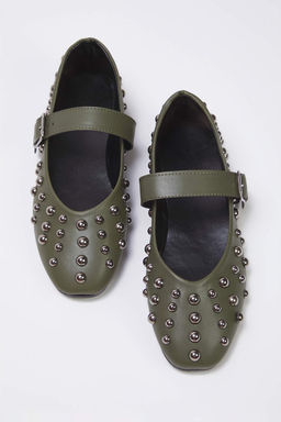 Trendyolmilla Shoes Haki Trok Islemeli Bantl? Badem Burun Mary Jane Kad?n Babet TAKSS25BE00006