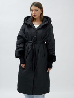 Пальто зимнее женское с норкой большого размера черного цвета 25008Ch - Mtforce фото 6