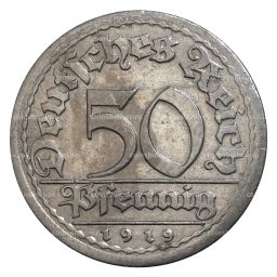 Монета 50 пфеннигов 1919 года J Германия