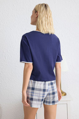 Trendyolmilla Lacivert %100 Pamuklu Ekoseli Biye Detayl? Sortlu Orme Pijama Tak?m? THMSS25PT00097 фото 11