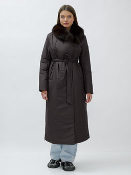 Пальто зимнее женское с мехом песец люкс класса темно-коричневого цвета 5071TK - Mtforce фото 2