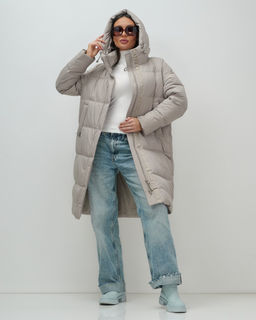 Пальто зимнее утепленное с капюшоном женское бежевого цвета 7618B