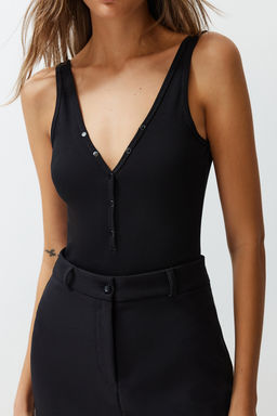 Siyah Fitted/Vucuda Oturan V Yaka Fitilli Esnek C?tc?tl? Orme Body TWOSS24BD00032