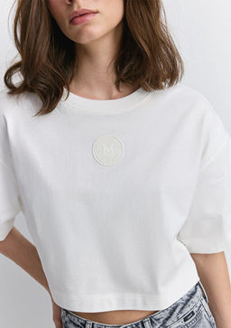 Mavi Patch Logo Bask?l? Beyaz Crop Tisort  фото 5