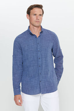 Slim Fit Dar Kesim %100 Pamuk D__meli Yaka Lacivert G_mlek YDA202420011LAC