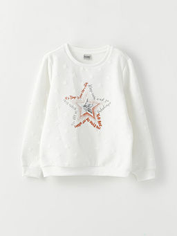 Bisiklet Yaka Bask?l? Uzun Kollu K?z ?ocuk Sweatshirt