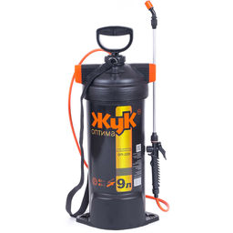 Опрыскиватель-распылитель садовый, пластмассовый 9л "Жук Оптима", пневматический, литьевой бак со съёмной крышкой, алюминиевый нетелескопический брандспойтер 65см, регулировка распыла: от струи до тумана, предохранительный клапан, мерная шкала, стекл