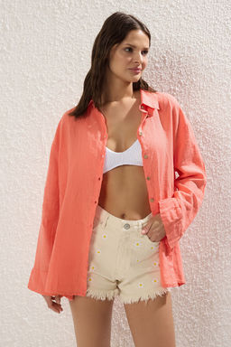 TRENDYOLMILLA Mercan Dokuma %100 Keten Baglamal? Plaj Gomlek TBESS25GO00015  фото 2