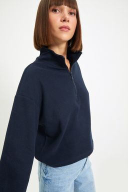 Lacivert Selanik/Triko Gorunumlu Fermuarl? Yaka Regular/Normal Kal?p Orme Sweatshirt TWOAW22SW0732
