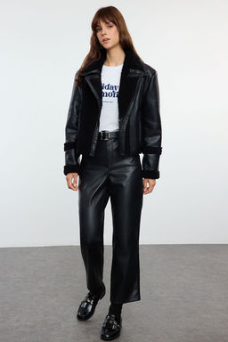 Siyah Regular Kal?p Pelus Detayl? Suni Deri Biker Ceket Mont TWOAW25MO00148